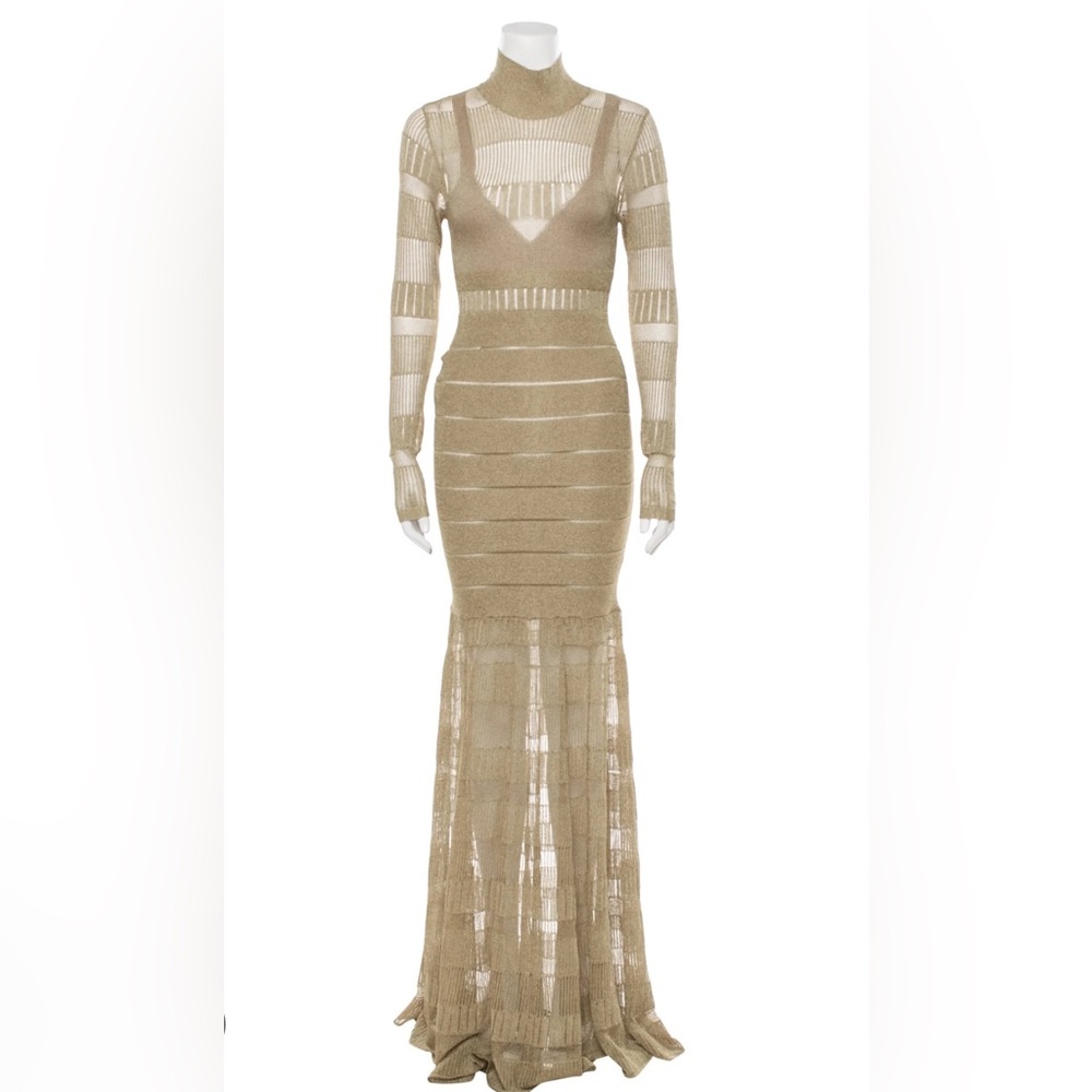 Herve Leger BNWT size xs metallic gold gown high neck concealed zipper - Picture 11 of 13